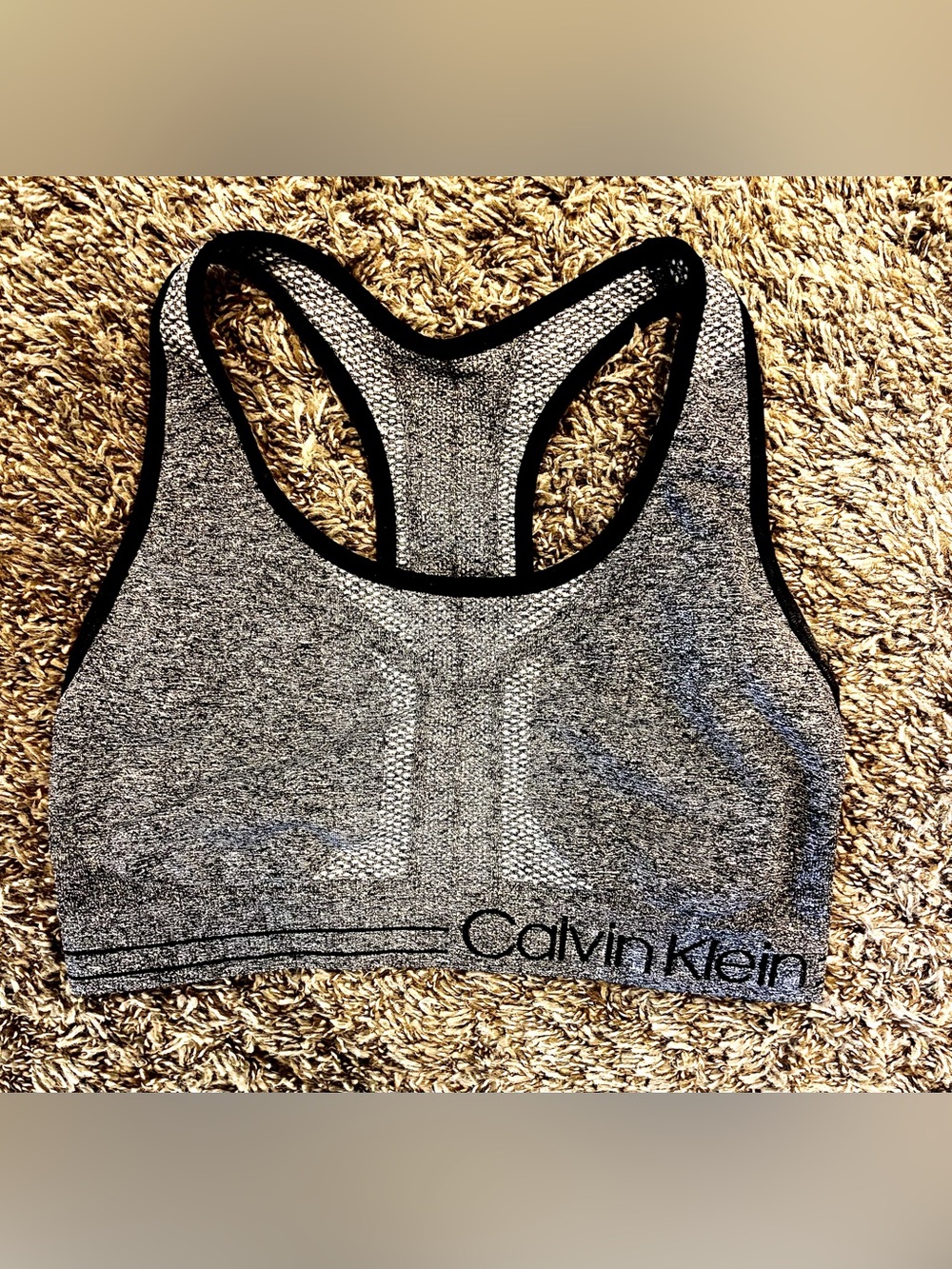 Calvin Klein Heather Grey Seamless Racerback Sports Bra with Black Trim